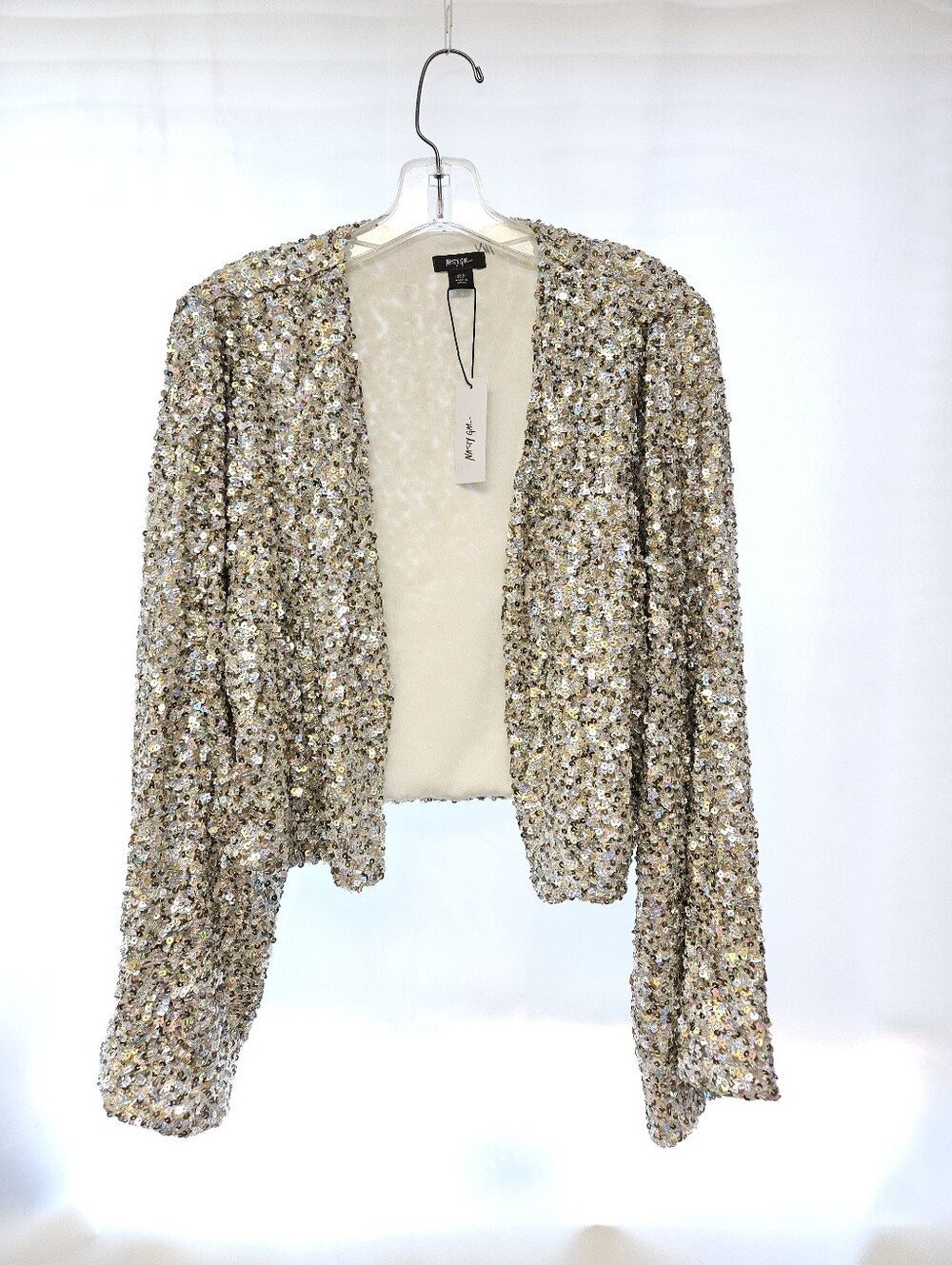 Nasty Gal Silver Sequin Open-Front Jacket - Light Silver Ab Sequins Sparkle Sz 0
